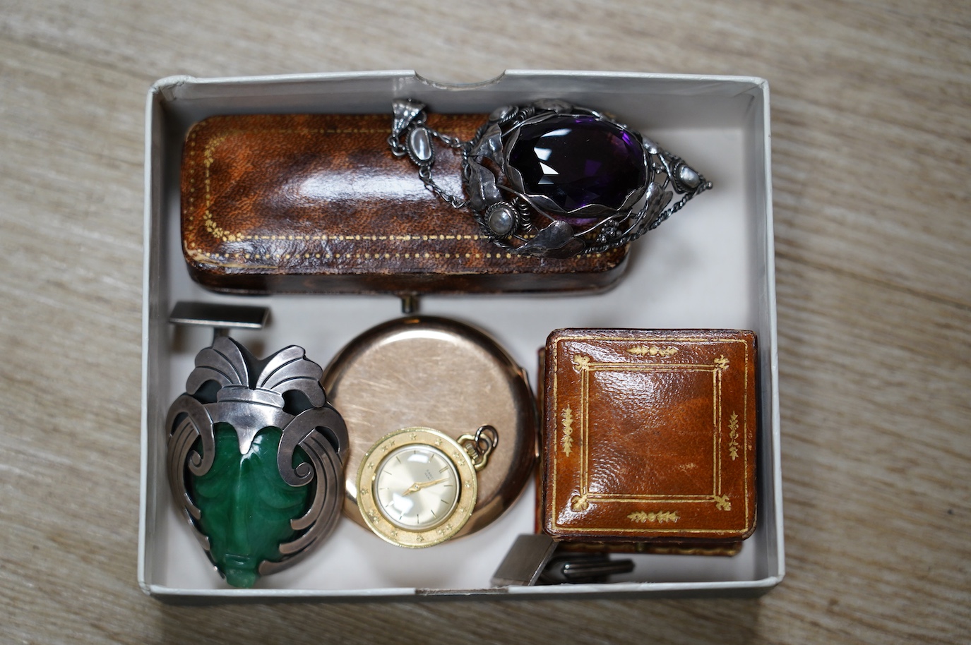 A gold plated Waltham hunter keyless pocket watch, a Mexican sterling brooch and other minor items. Condition - fair